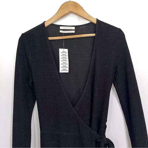 Urban Outfitters Womens UO Sugar Knit Mini Wrap Dress Black Small LBD Tie Waist - Picture 3 of 8